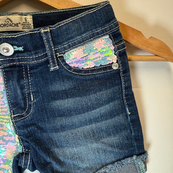 ordache Girls Denim Shorts Size 6 Iridescent Sequin Details Cuffed Dark Wash - Picture 5 of 7